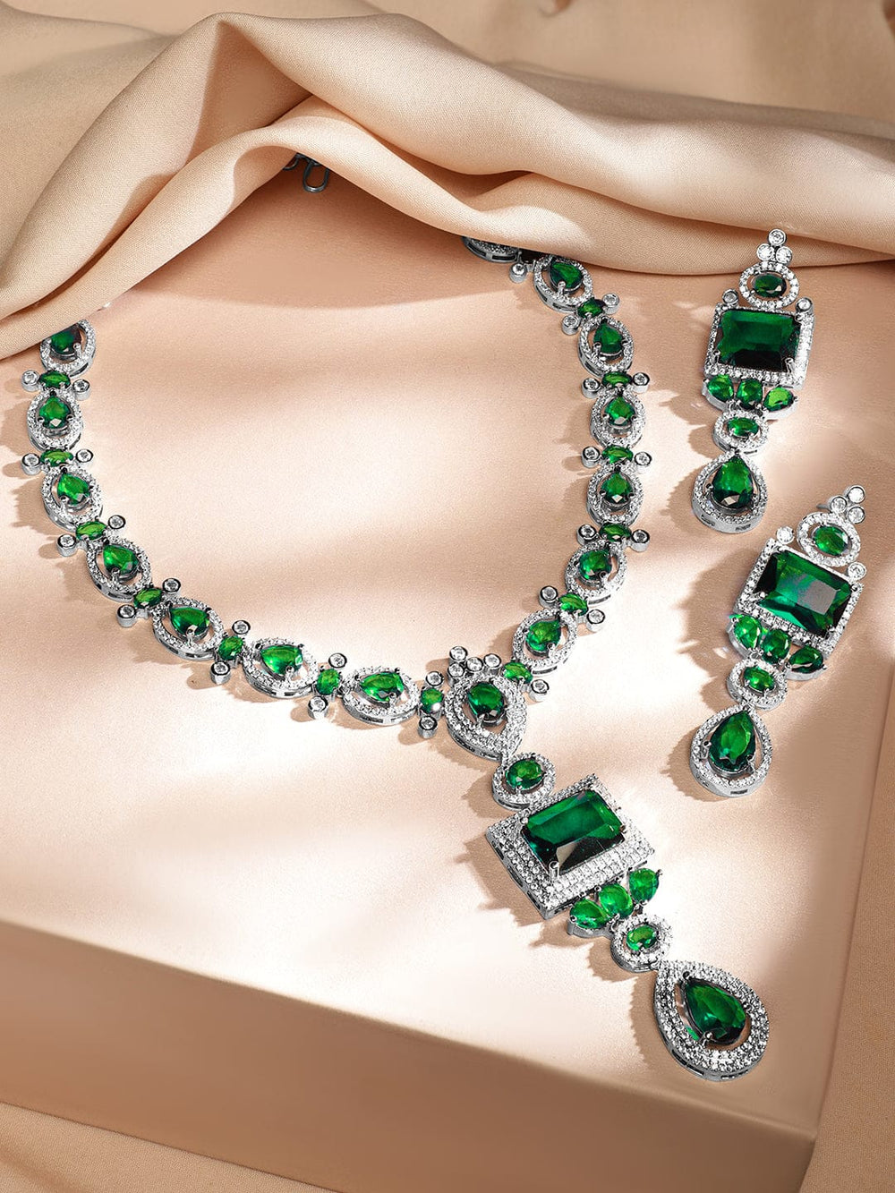Rubans Rhodium-Plated Emerald Green & White Cubic Zirconia Studded Luxe Jewellery Set Jewellery Set
