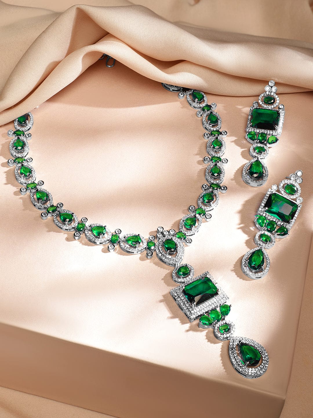 Rubans Rhodium-Plated Emerald Green & White Cubic Zirconia Studded Luxe Jewellery Set Jewellery Set