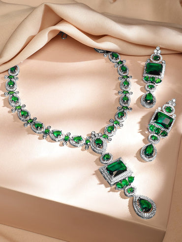 Rubans Rhodium-Plated Emerald Green & White Cubic Zirconia Studded Luxe Jewellery Set Jewellery Set