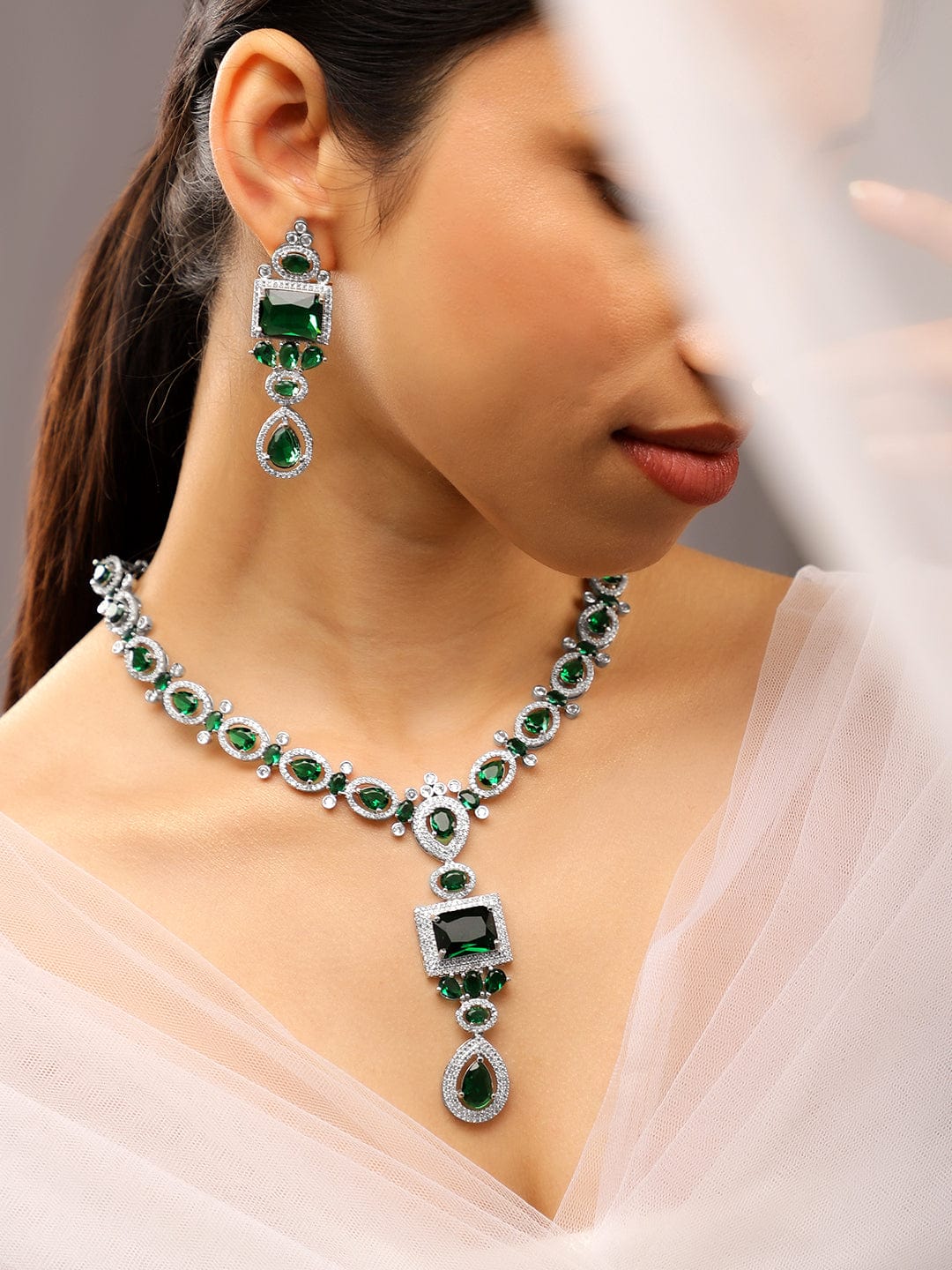 Rubans Rhodium-Plated Emerald Green & White Cubic Zirconia Studded Luxe Jewellery Set Necklace Set