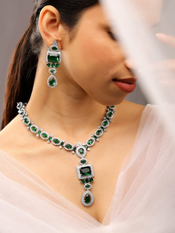 Rubans Rhodium-Plated Emerald Green & White Cubic Zirconia Studded Luxe Jewellery Set Necklace Set