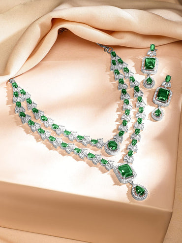 Rubans Rhodium-Plated Emerald Green & White Cubic Zirconia Studded Luxe Layer Necklace Set Jewellery Set