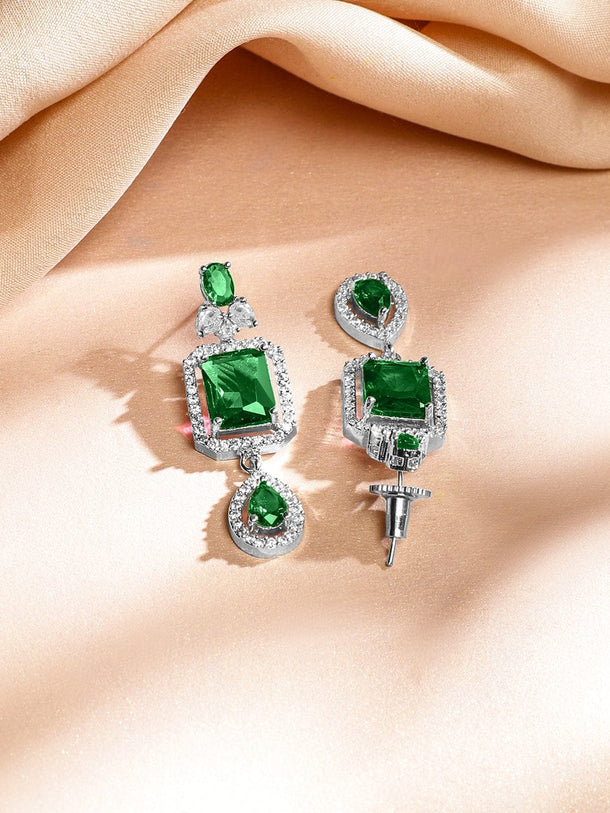 Rubans Rhodium-Plated Emerald Green & White Cubic Zirconia Studded Luxe Layer Necklace Set Jewellery Set
