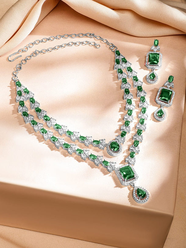 Rubans Rhodium-Plated Emerald Green & White Cubic Zirconia Studded Luxe Layer Necklace Set Jewellery Set