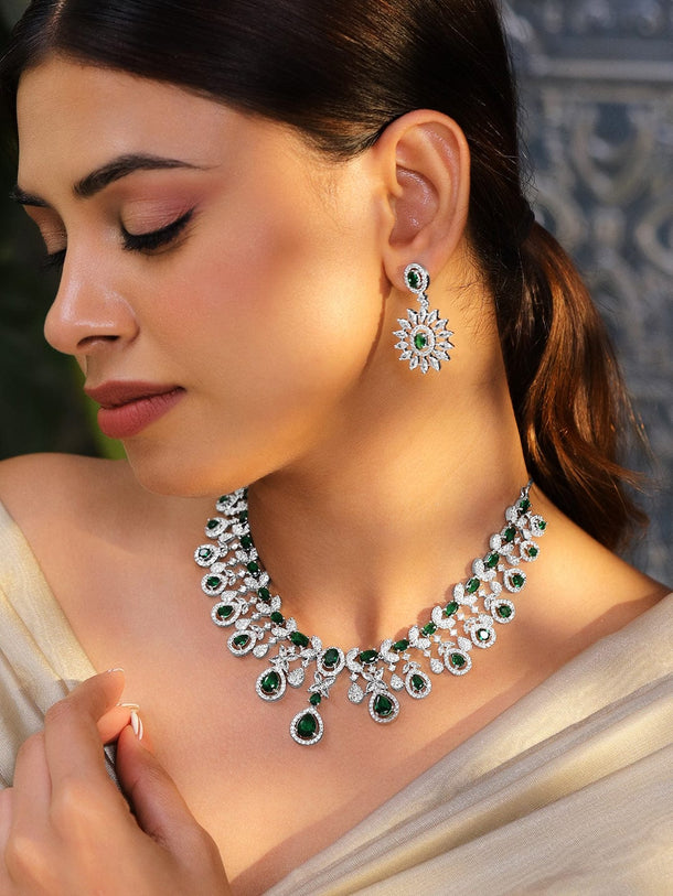 Rubans Rhodium-Plated Emerald Green & White Cubic Zirconia Studded Luxe Statement Necklace Set Jewellery Set