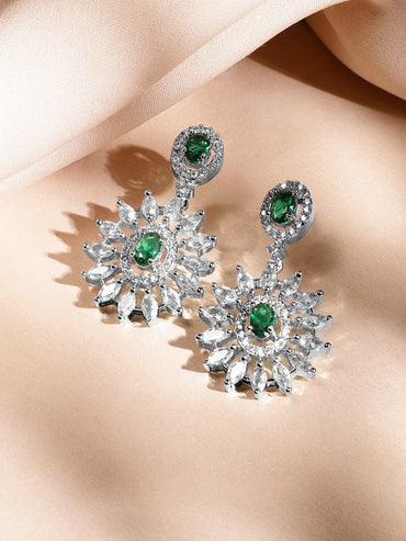 Rubans Rhodium-Plated Emerald Green & White Cubic Zirconia Studded Luxe Statement Necklace Set Jewellery Set
