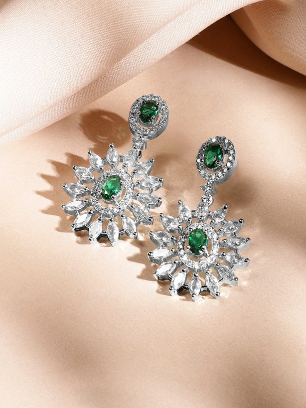 Rubans Rhodium-Plated Emerald Green & White Cubic Zirconia Studded Luxe Statement Necklace Set Jewellery Set