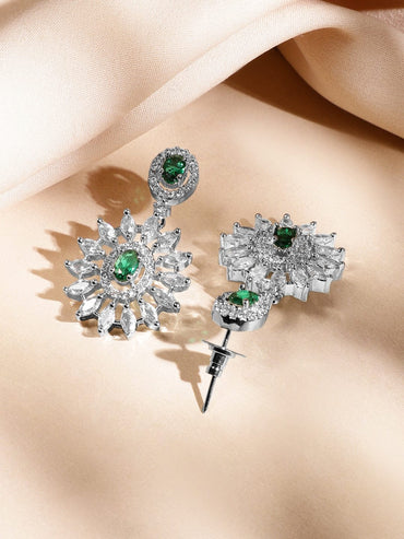 Rubans Rhodium-Plated Emerald Green & White Cubic Zirconia Studded Luxe Statement Necklace Set Jewellery Set