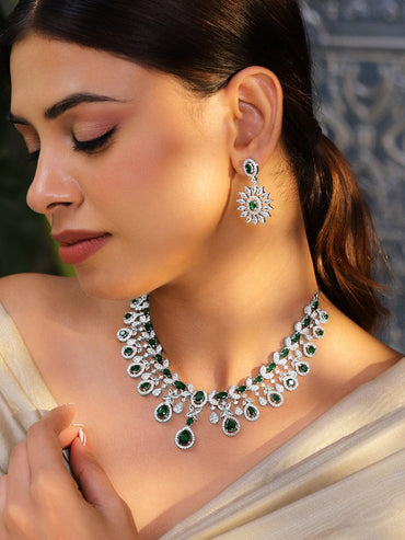 Rubans Rhodium-Plated Emerald Green & White Cubic Zirconia Studded Luxe Statement Necklace Set Jewellery Set