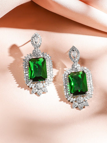 Rubans Rhodium-Plated Emerald Green & White Cubic Zirconia Studded Luxe V-Shaped Statement Necklace Set Jewellery Set