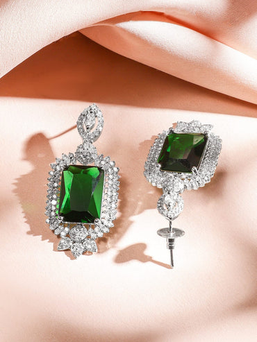 Rubans Rhodium-Plated Emerald Green & White Cubic Zirconia Studded Luxe V-Shaped Statement Necklace Set Jewellery Set