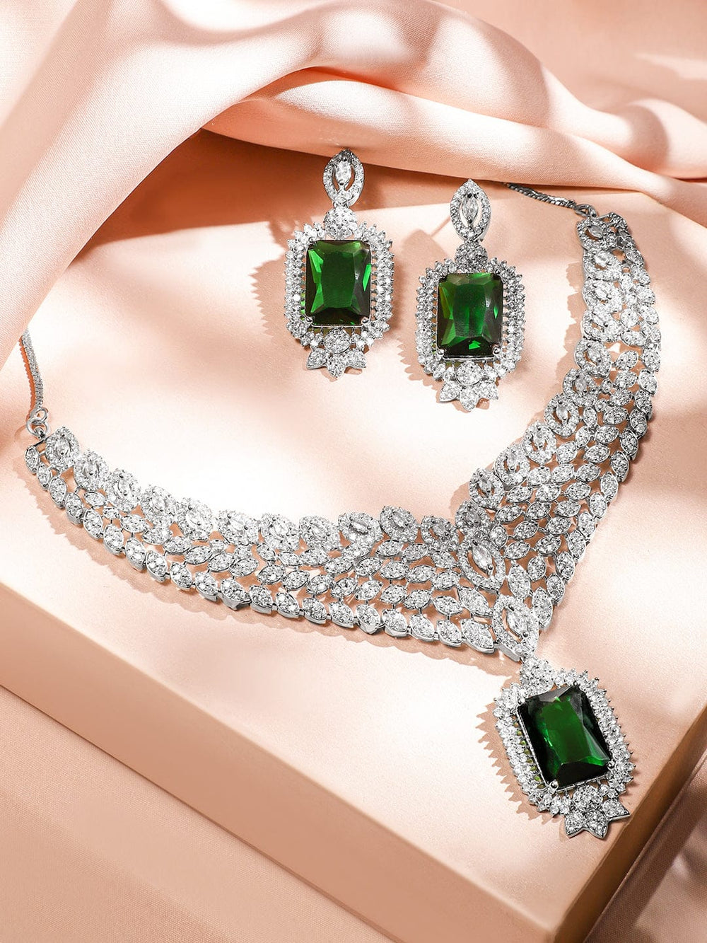 Rubans Rhodium-Plated Emerald Green & White Cubic Zirconia Studded Luxe V-Shaped Statement Necklace Set Jewellery Set