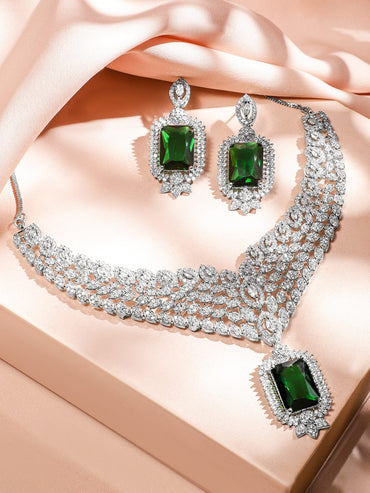 Rubans Rhodium-Plated Emerald Green & White Cubic Zirconia Studded Luxe V-Shaped Statement Necklace Set Jewellery Set