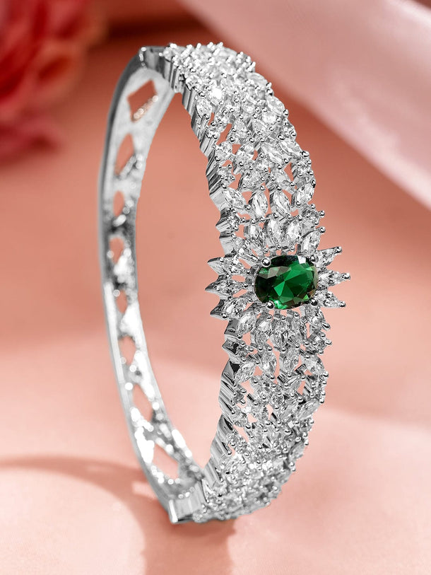 Rubans Rhodium-Plated Emerald Green & White Cubic Zirconia Studded Openable Bracelet Bangles & Bracelets