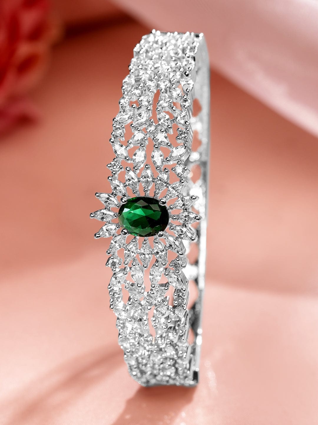 Rubans Rhodium-Plated Emerald Green & White Cubic Zirconia Studded Openable Bracelet Bangles & Bracelets