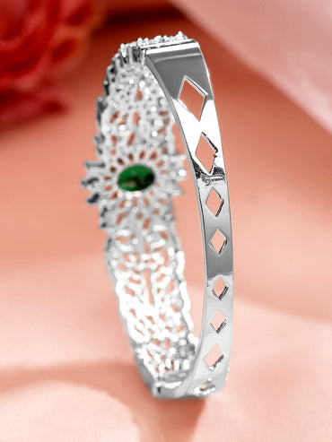 Rubans Rhodium-Plated Emerald Green & White Cubic Zirconia Studded Openable Bracelet Bangles & Bracelets