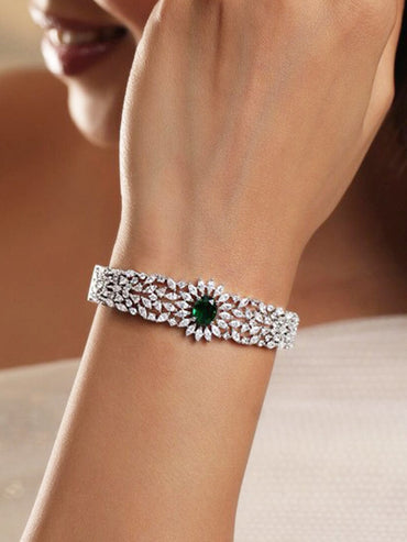 Rubans Rhodium-Plated Emerald Green & White Cubic Zirconia Studded Openable Bracelet Bangles & Bracelets