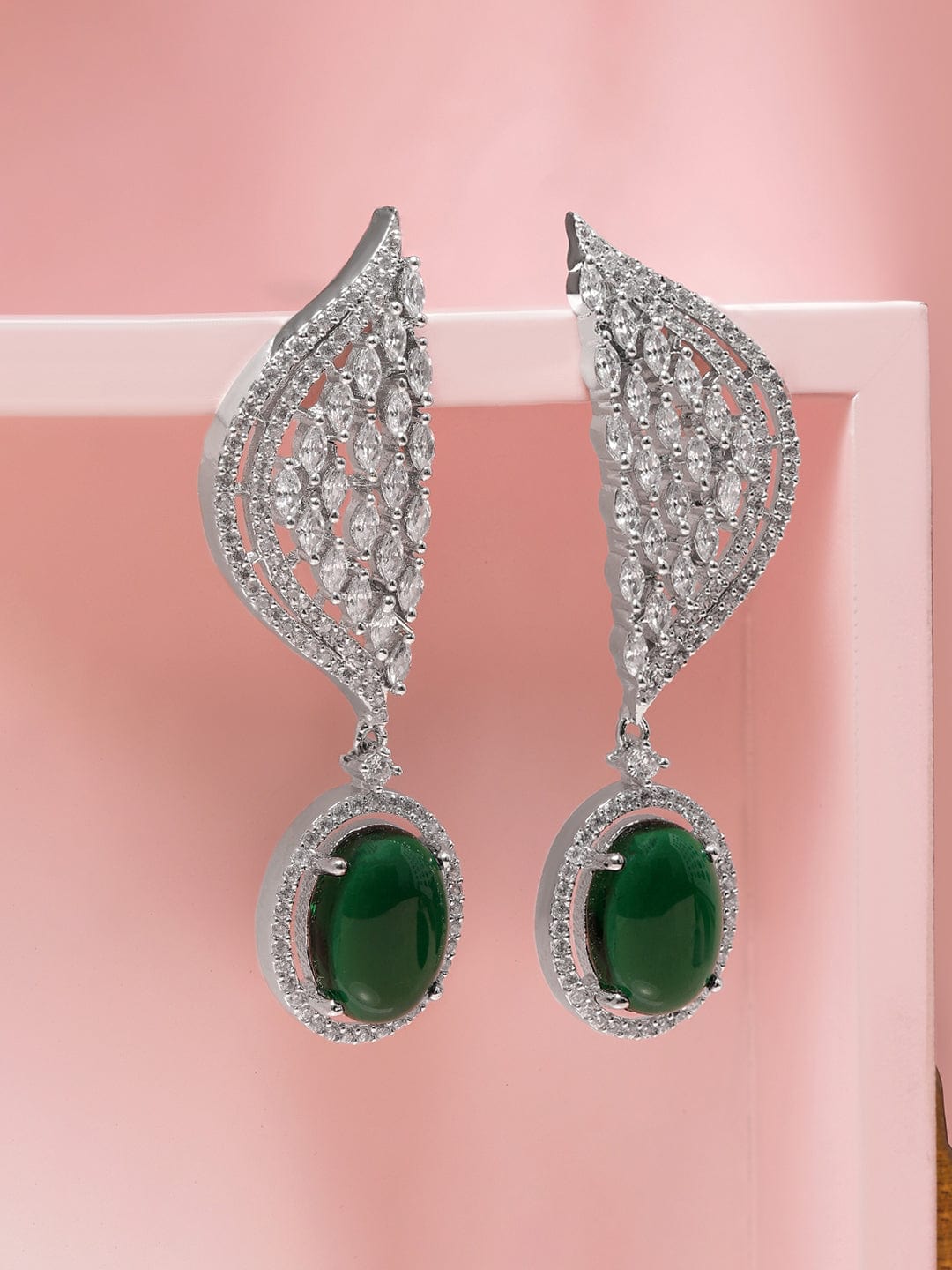 Rubans Rhodium-Plated Emerald Green & White Cubic Zirconia Studded Premium Drop Earrings Earrings