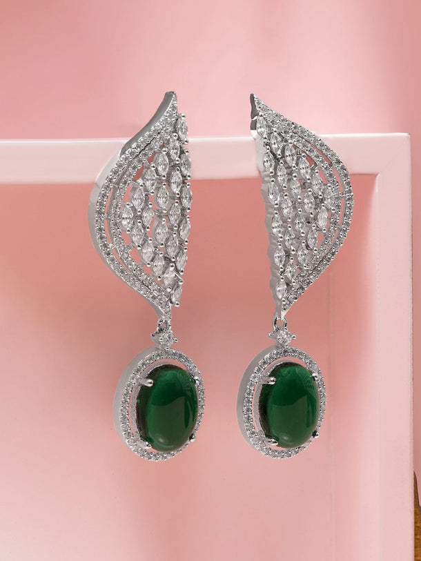 Rubans Rhodium-Plated Emerald Green & White Cubic Zirconia Studded Premium Drop Earrings Earrings