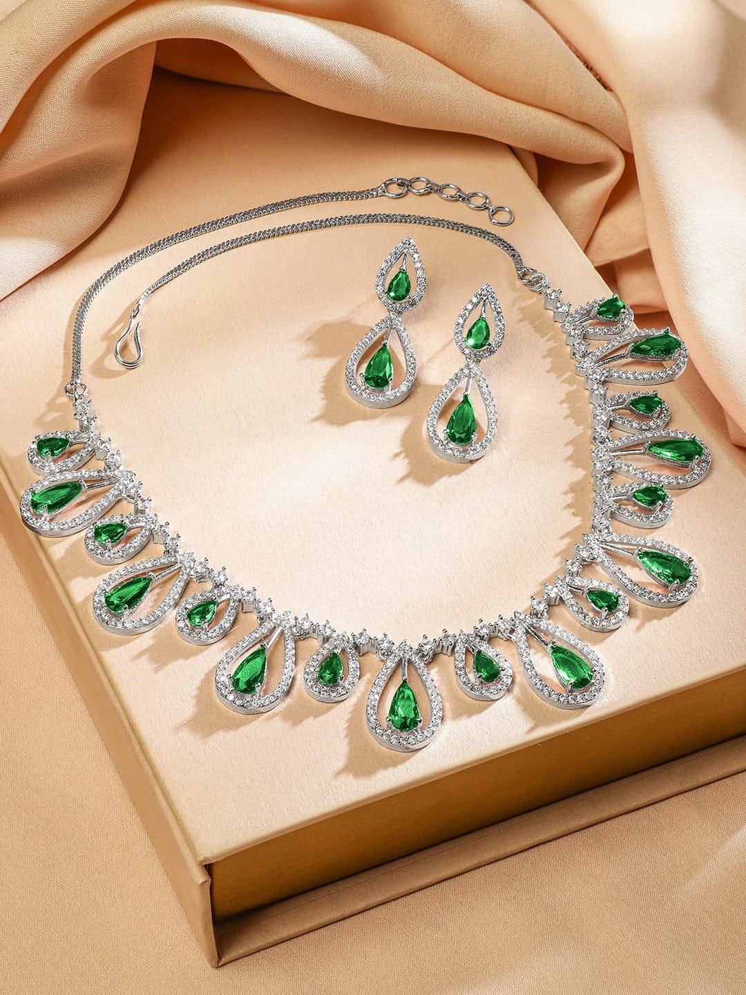 Rubans Rhodium Plated Emerald Green & White Cubic Zirconia Studded Teardrop Design Premium Jewellery Set Jewellery Set