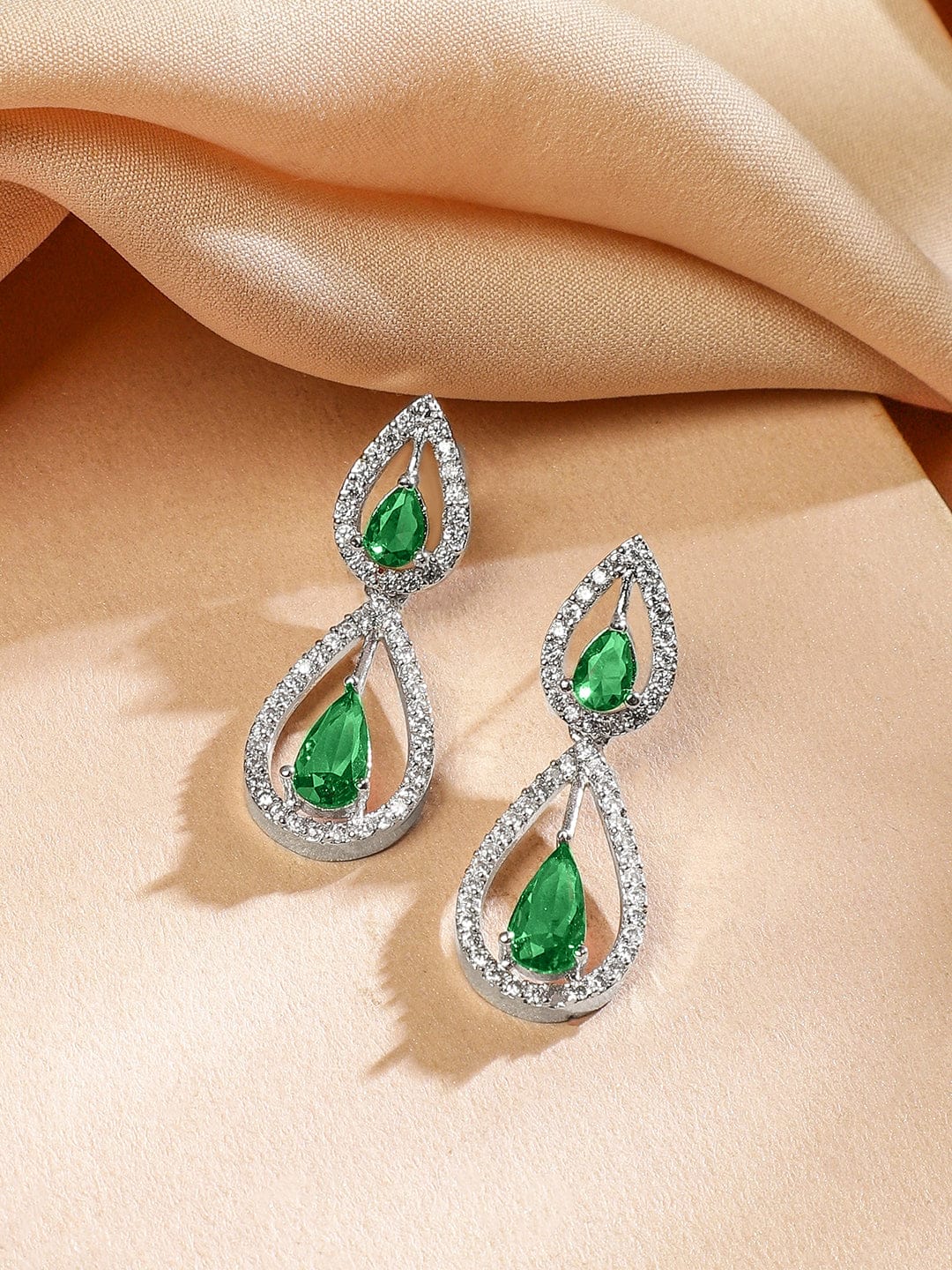 Rubans Rhodium Plated Emerald Green & White Cubic Zirconia Studded Teardrop Design Premium Jewellery Set Jewellery Set