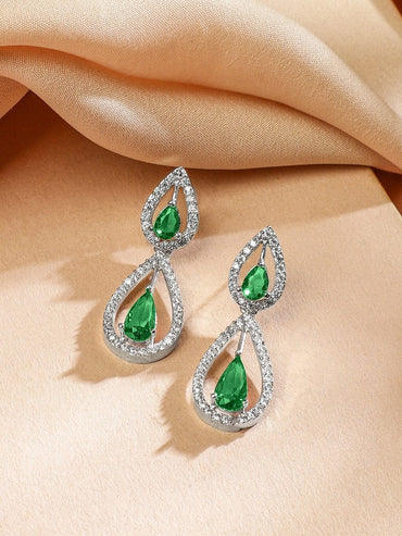 Rubans Rhodium Plated Emerald Green & White Cubic Zirconia Studded Teardrop Design Premium Jewellery Set Jewellery Set