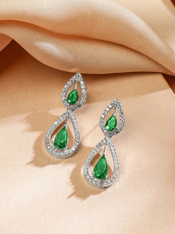 Rubans Rhodium Plated Emerald Green & White Cubic Zirconia Studded Teardrop Design Premium Jewellery Set Jewellery Set