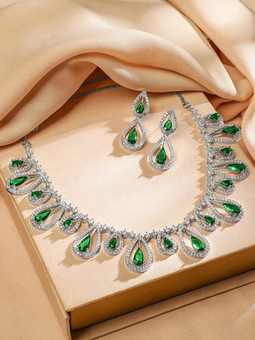 Rubans Rhodium Plated Emerald Green & White Cubic Zirconia Studded Teardrop Design Premium Jewellery Set Jewellery Set