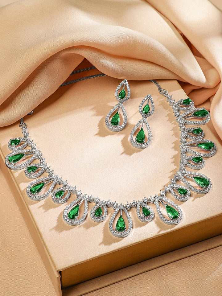 Rubans Rhodium Plated Emerald Green & White Cubic Zirconia Studded Teardrop Design Premium Jewellery Set Jewellery Set