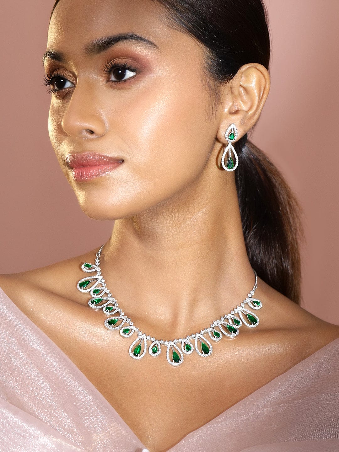 Rubans Rhodium Plated Emerald Green & White Cubic Zirconia Studded Teardrop Design Premium Jewellery Set Jewellery Set