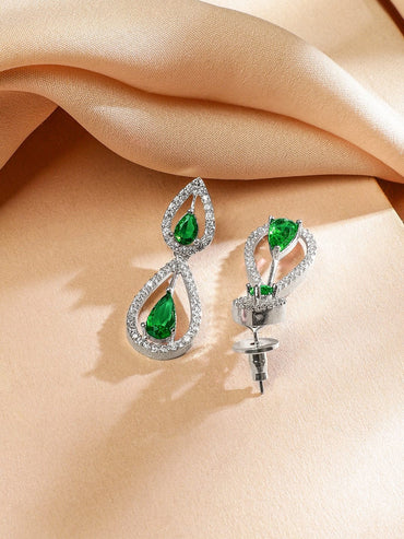 Rubans Rhodium Plated Emerald Green & White Cubic Zirconia Studded Teardrop Design Premium Jewellery Set Jewellery Set