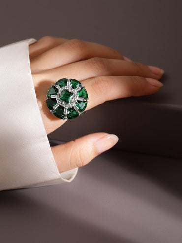 Rubans Rhodium-Plated Emerald Green & White CubicZirconia Studded Adjustable Cocktail Ring Rings