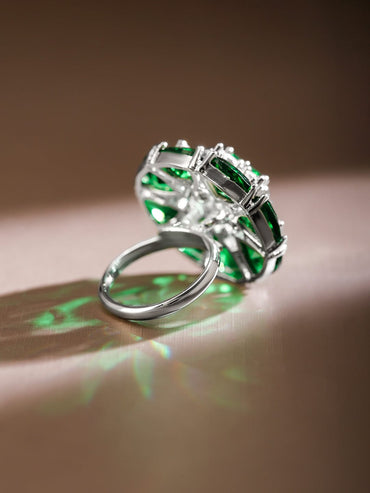 Rubans Rhodium-Plated Emerald Green & White CubicZirconia Studded Adjustable Cocktail Ring Rings