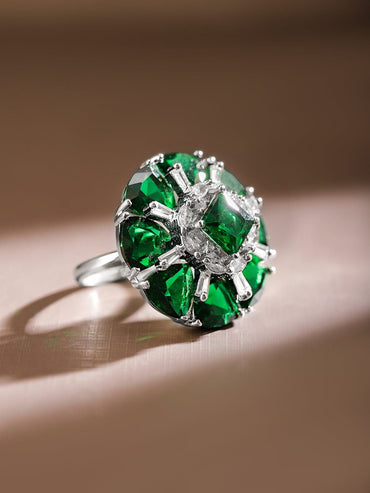 Rubans Rhodium-Plated Emerald Green & White CubicZirconia Studded Adjustable Cocktail Ring Rings