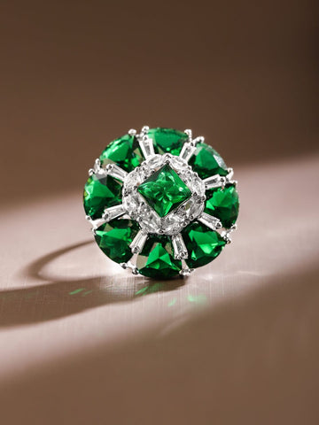 Rubans Rhodium-Plated Emerald Green & White CubicZirconia Studded Adjustable Cocktail Ring Rings