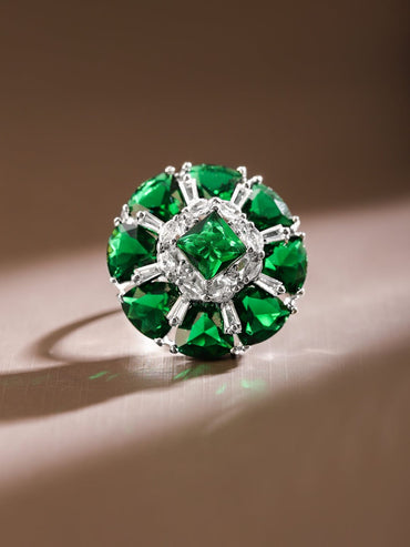 Rubans Rhodium-Plated Emerald Green & White CubicZirconia Studded Adjustable Cocktail Ring Rings