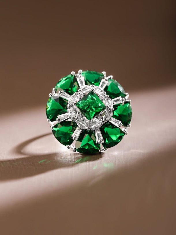 Rubans Rhodium-Plated Emerald Green & White CubicZirconia Studded Adjustable Cocktail Ring Rings