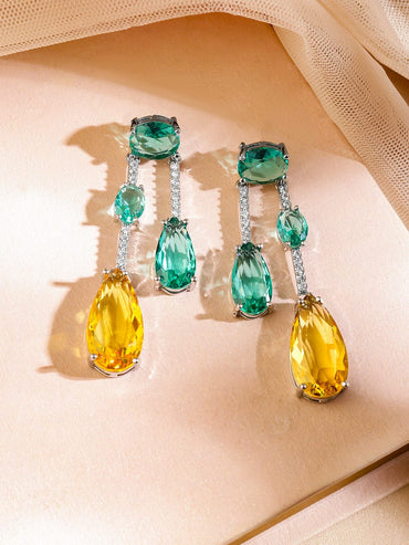 Rubans Rhodium-Plated Emerald Green & Yellow Crystal Cubic Zirconia Studded Luxurious Pendent Necklace Set Jewellery Set