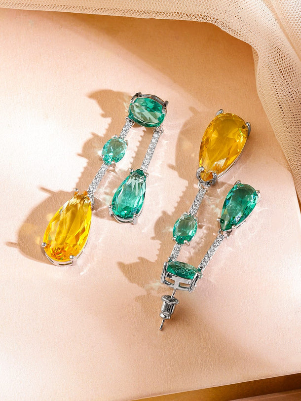 Rubans Rhodium-Plated Emerald Green & Yellow Crystal Cubic Zirconia Studded Luxurious Pendent Necklace Set Jewellery Set