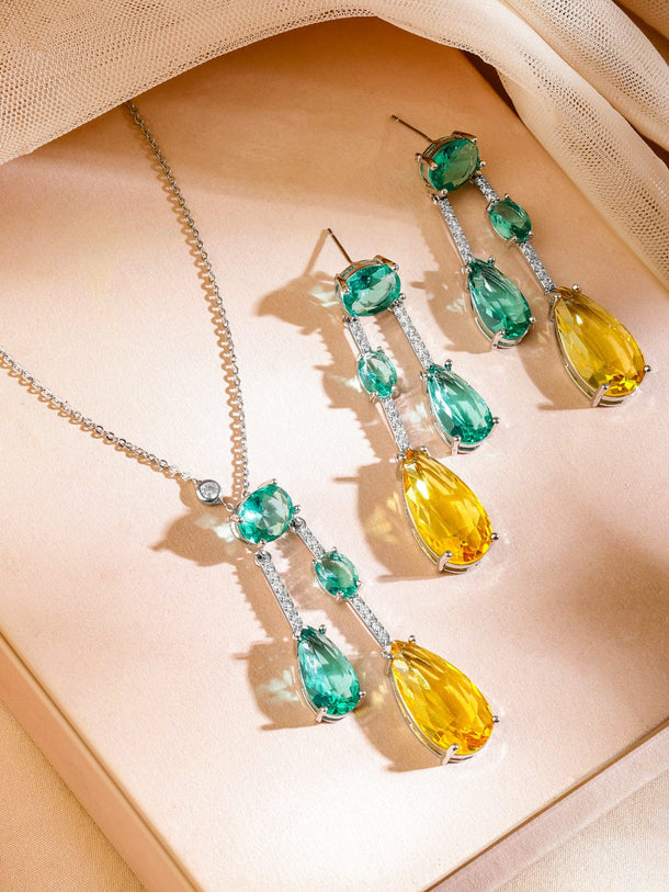 Rubans Rhodium-Plated Emerald Green & Yellow Crystal Cubic Zirconia Studded Luxurious Pendent Necklace Set Jewellery Set