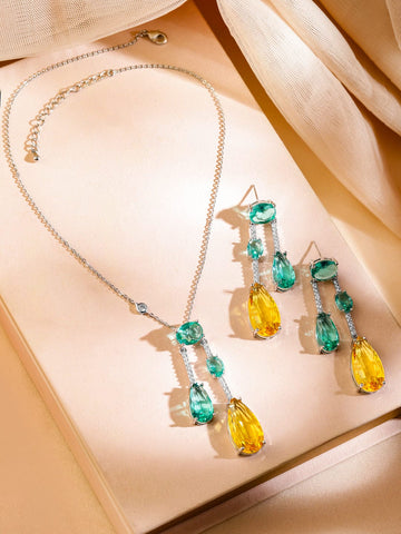 Rubans Rhodium-Plated Emerald Green & Yellow Crystal Cubic Zirconia Studded Luxurious Pendent Necklace Set Jewellery Set