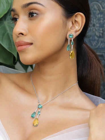 Rubans Rhodium-Plated Emerald Green & Yellow Crystal Cubic Zirconia Studded Luxurious Pendent Necklace Set Pendant Set