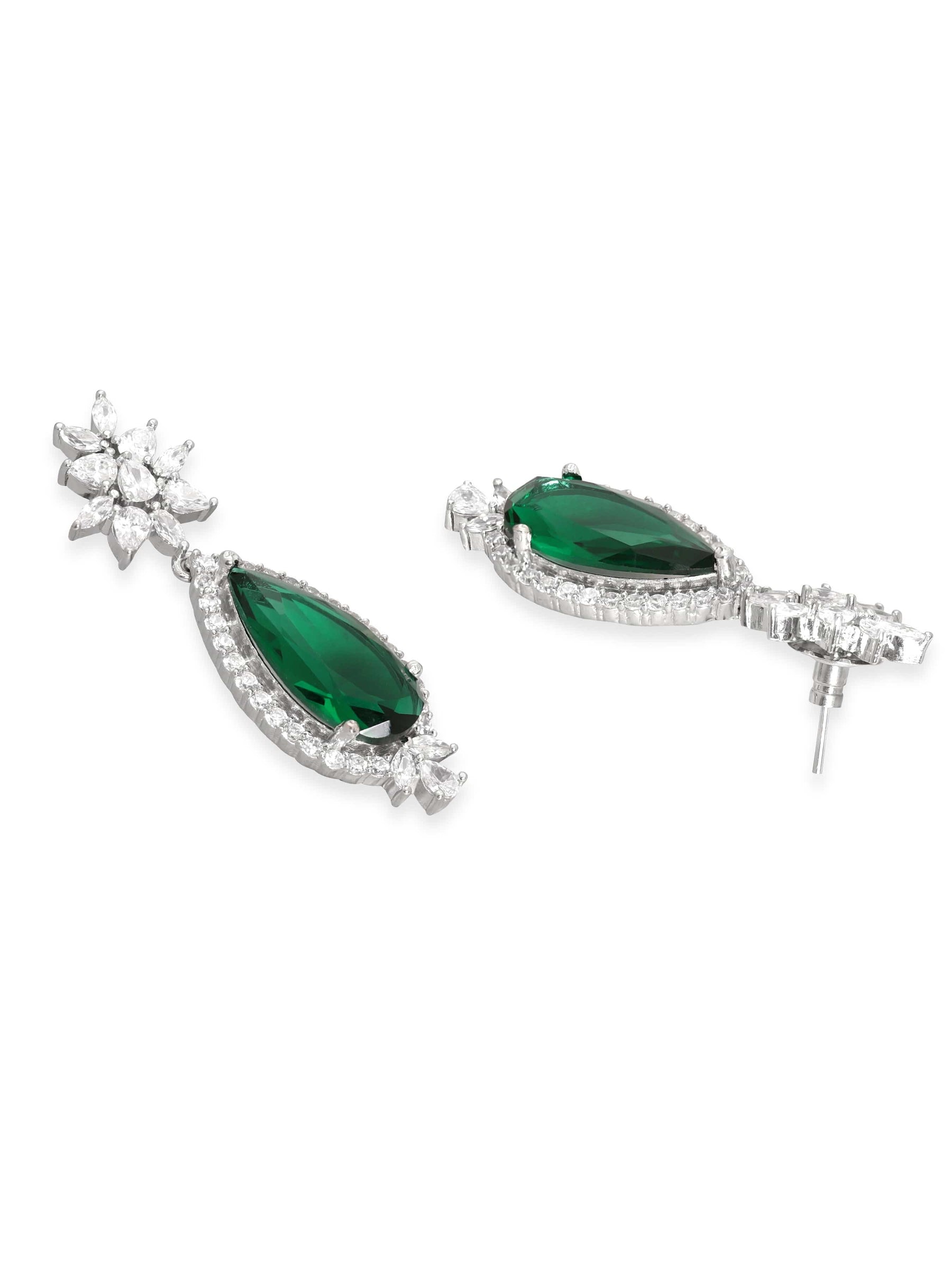 Women Rhodium-Plated Emerald Green & White Cubic Zirconia Studded Chandelier Necklace Set