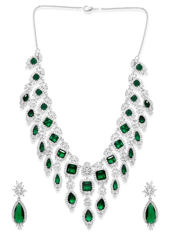 Rubans Rhodium Plated Emerald Green Zirconia Statement Jewellery Set Necklace Set