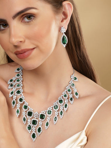 Rubans Rhodium Plated Emerald Green Zirconia Statement Jewellery Set Necklace Set