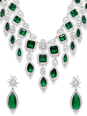 Rubans Rhodium Plated Emerald Green Zirconia Statement Jewellery Set Necklace Set