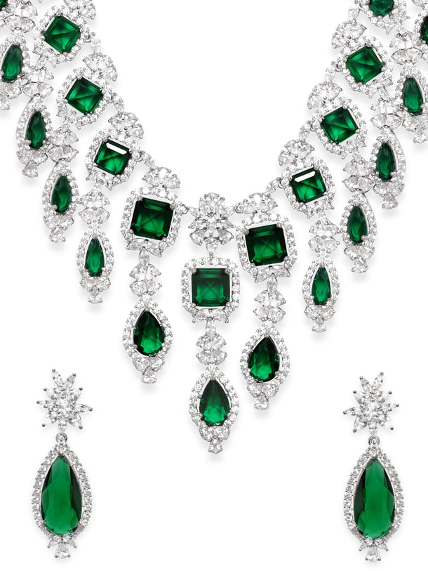 Rubans Rhodium Plated Emerald Green Zirconia Statement Jewellery Set Necklace Set