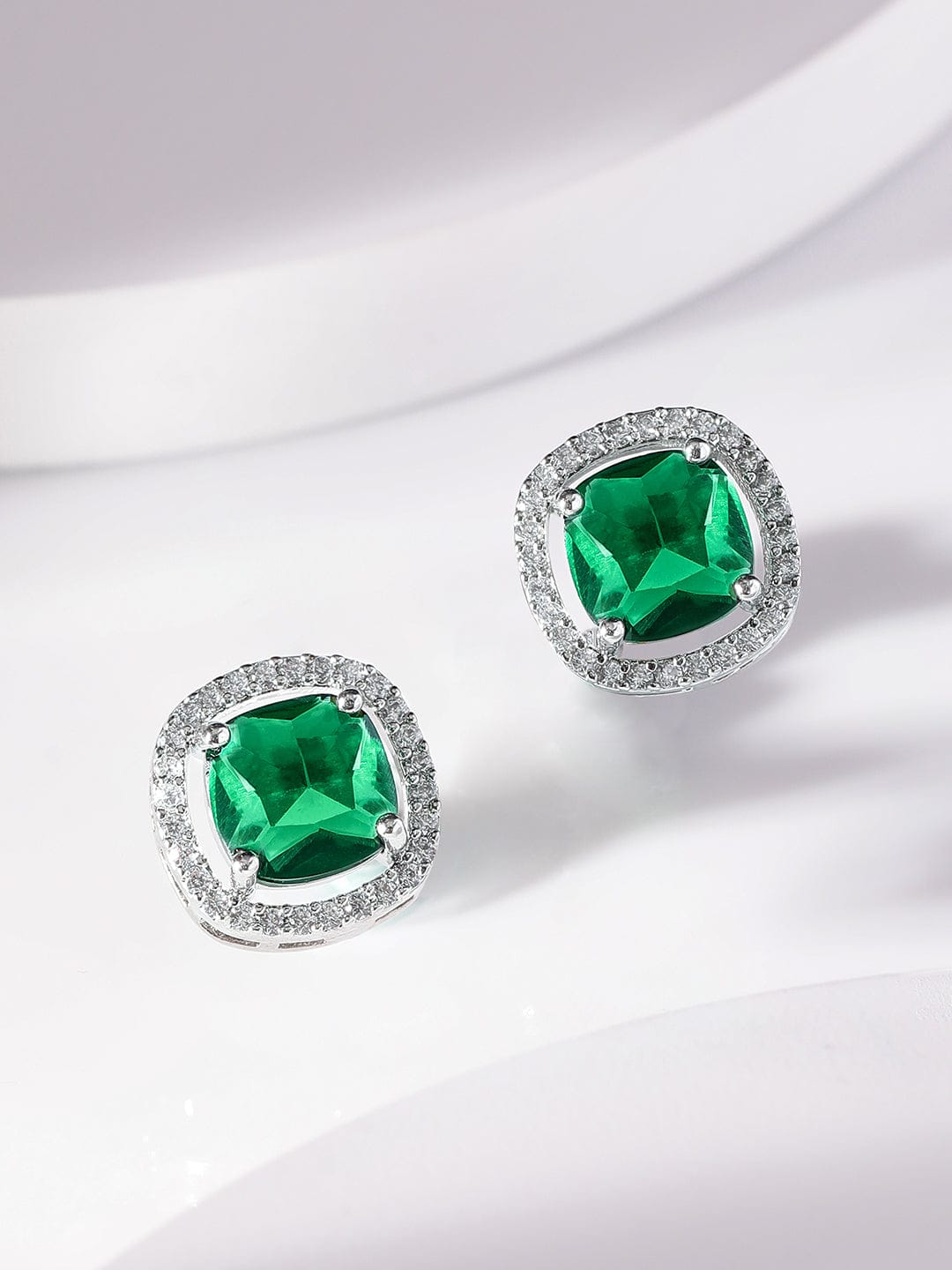 Rubans Rhodium plated Emerald green Zirconia stud Earring Earrings