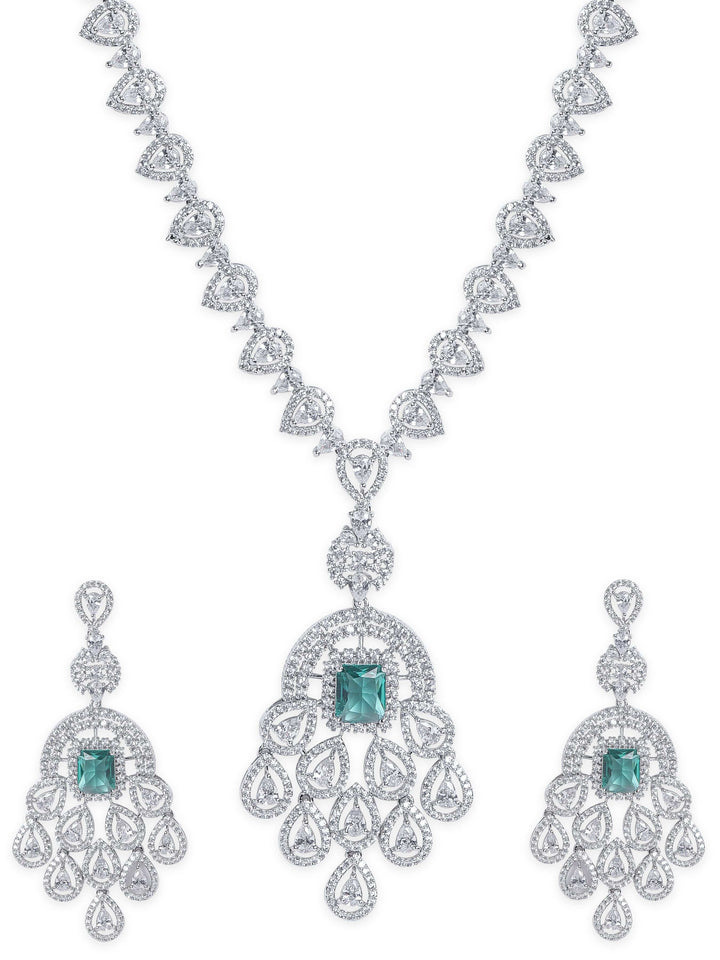 Rubans Rhodium plated emerald green zirconia studded luxury Pendant Necklace set Jewellery Sets