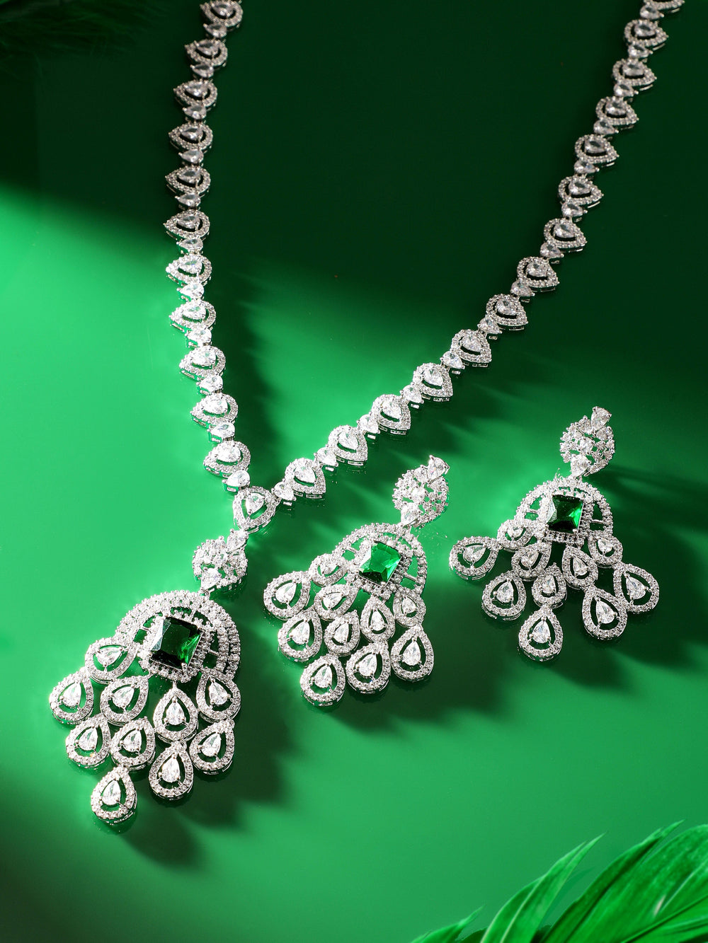 Rubans Rhodium plated emerald green zirconia studded luxury Pendant Necklace set Necklaces, Necklace Sets, Chains & Mangalsutra